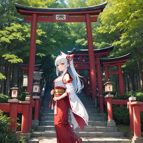 fumikane shimada、panorama、amazing visuals、a shrine and a vermilion torii gate in the background、fushimi inari shrine、the sea and...