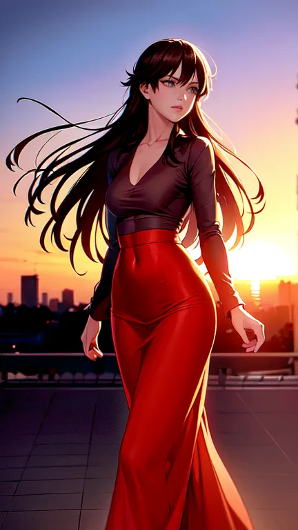 anime、(((tokyo at sunset)))、one woman、long hair、see-through blouse、tight skirt、hair fluttering in the wind、