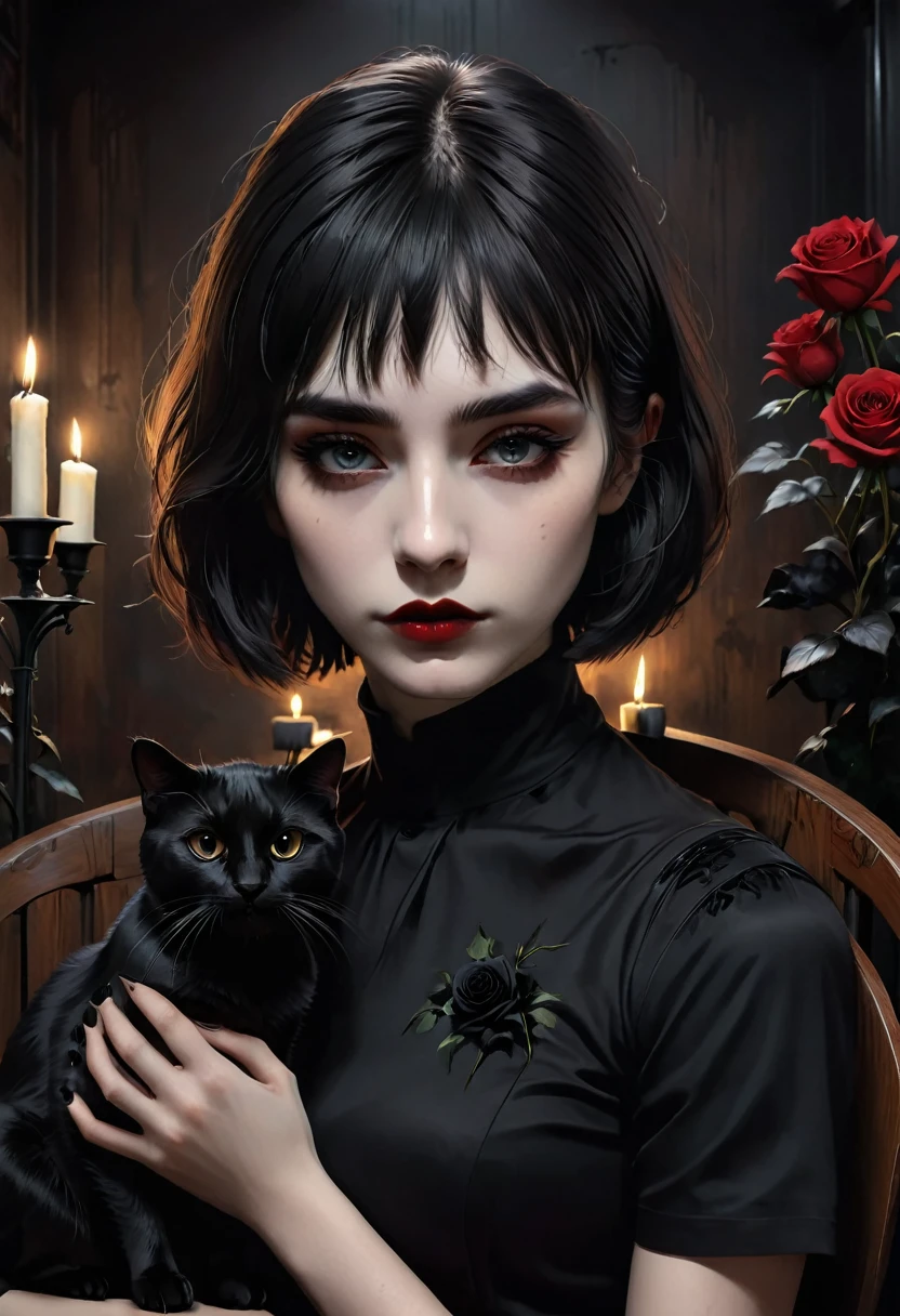 Dark,look close corner face camera , hold Crow, a woman sofia Steinberg face,short hair with bangs, pale white skinned ,wearing Black shirt blackmetal, pose sit in Wooden chairs, Petting a cat,room blackmetal, look above camera , in room blackmetal style steinberg model blackmetal , sad depression funiture skulls swords, flowers black Roses ,poster ,stickerband, mortuary ,blackmetal background, digital painting, highly detailed, 3D animation, black roses, black cats,Candles. Kiss hot with man