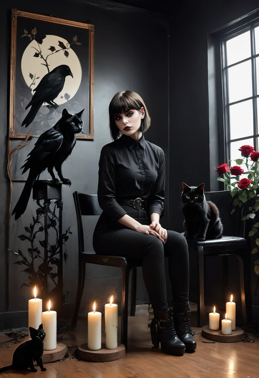 Dark,look close corner face camera , hold Crow, a woman sofia Steinberg face,short hair with bangs, pale white skinned ,wearing Black shirt blackmetal, pose sit in Wooden chairs, Petting a cat,room blackmetal, look above camera , in room blackmetal style steinberg model blackmetal , sad depression funiture skulls swords, flowers black Roses ,poster ,stickerband, mortuary ,blackmetal background, digital painting, highly detailed, 3D animation, black roses, black cats,Candles. Kiss hot poses,with man cool, couple 