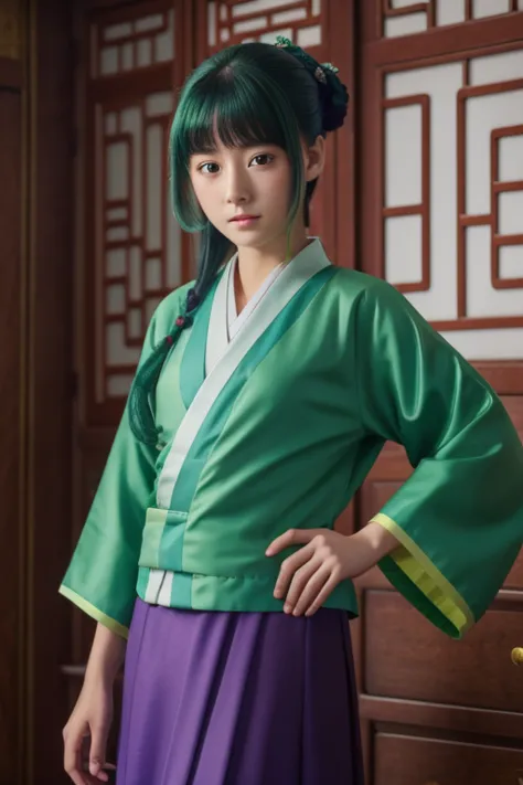 highest quality, 8ก, very detailed, imaginary image, 1 girl,15 years old, as a whole, chinese style kimono, green jacket, purple...