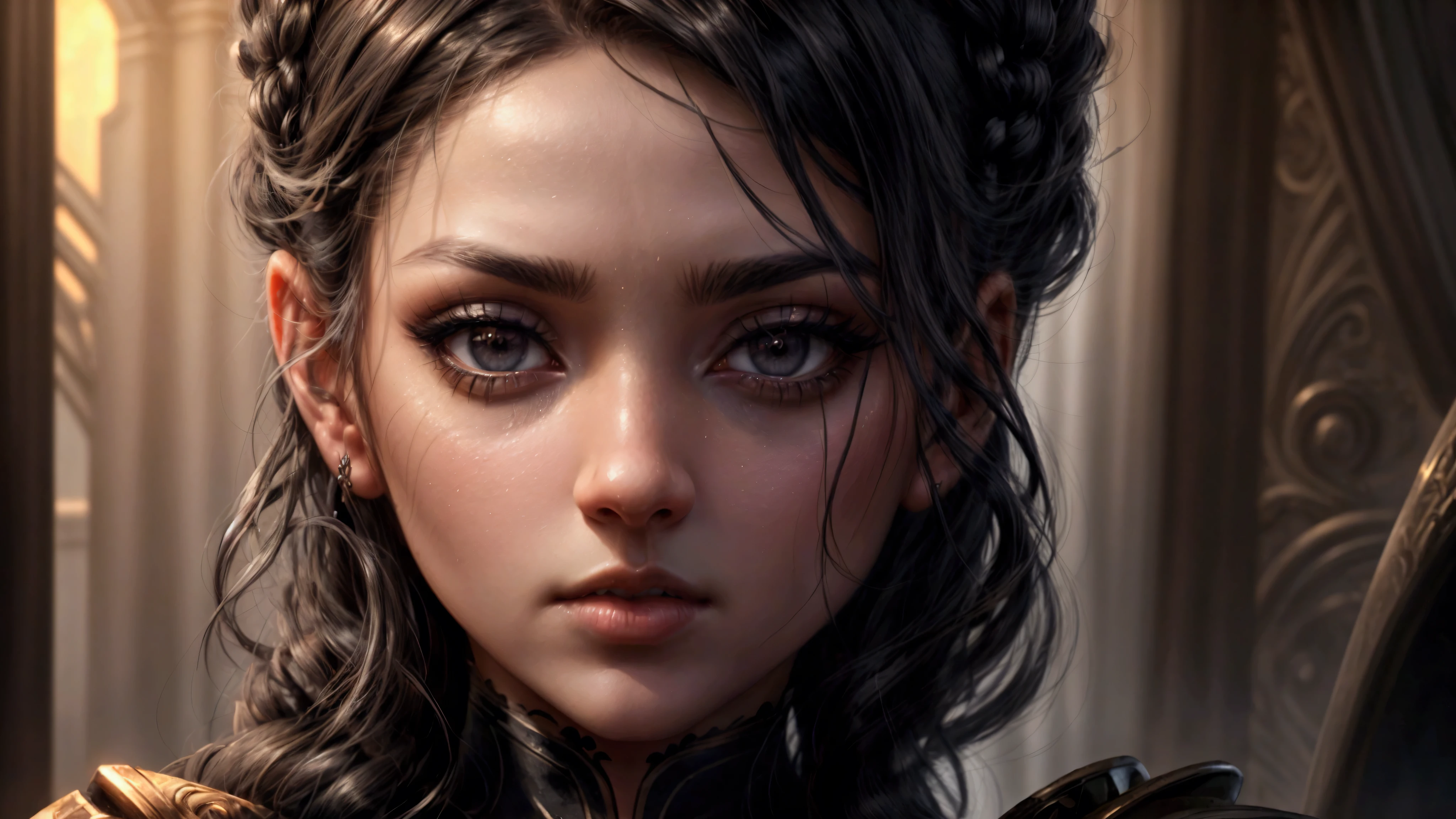 (((full face)), (black eyes)), (best quality), 4k, 8k, High Range dinamic, high resolution, masterpiece: 1.2), ultra detailed, digital painting, character portrait, highly detailed face and eyes, beautiful detailed lips, extremely detailed eyes and face, long eyelashes, cinematic lighting, dramatic lighting, epic fantasy, volumetric lighting, dark fantasy, moody lighting, dramatic composition, intricate details, cinematic angle, dark colors, warm colors