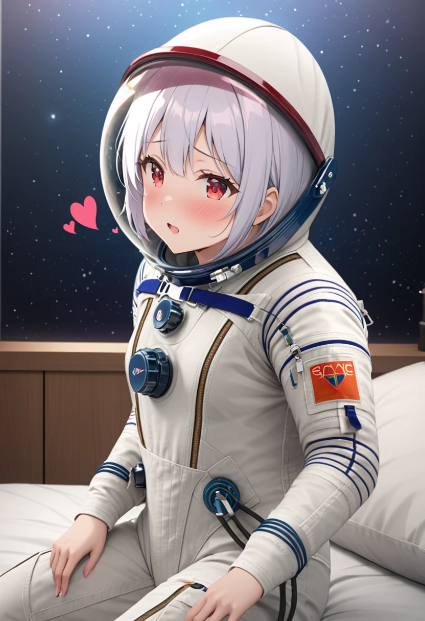 (spacesuit:1.15), white cargo pants, astronaut)bubble helmet, space helmet masturbation, fingering, female_masturbation, grabbing_own_tits, mature_woman, lushing, , looking at the audience, lying , indoors, in bed, bed, masterpiece, best quality, 1girl, solo, red eyes, , {{{messy hair:1.6}}}, bangs, white hair, spread legs, sitting, , short hair, twintails, ,(heart sayings:1.2), (from side:1.6)