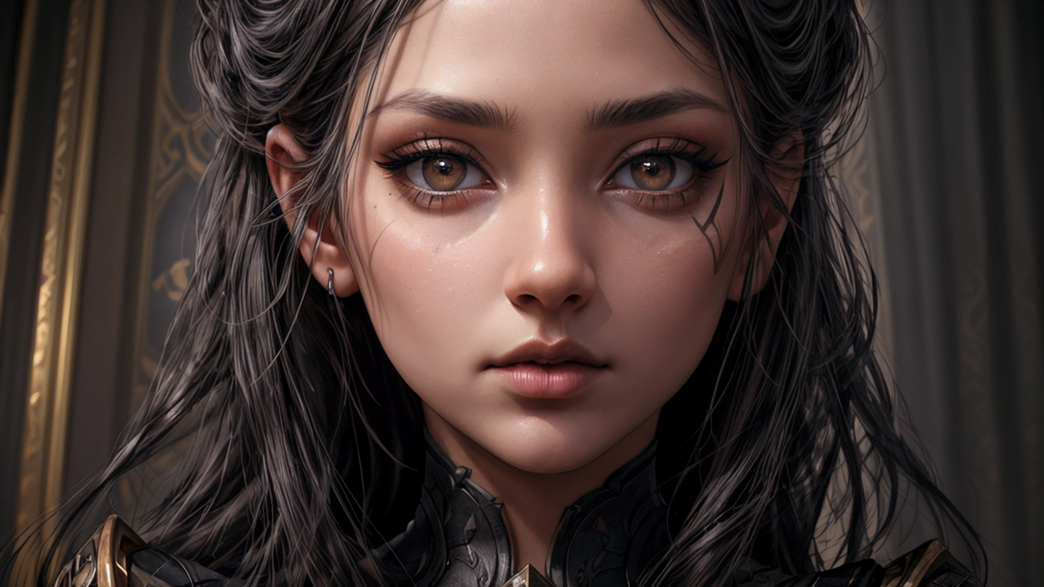 (((full face)), (black eyes)), (best quality), 4k, 8k, High Range dinamic, high resolution, masterpiece: 1.2), ultra detailed, digital painting, character portrait, highly detailed face and eyes, beautiful detailed lips, extremely detailed eyes and face, long eyelashes, cinematic lighting, dramatic lighting, epic fantasy, volumetric lighting, dark fantasy, moody lighting, dramatic composition, intricate details, cinematic angle, dark colors, warm colors