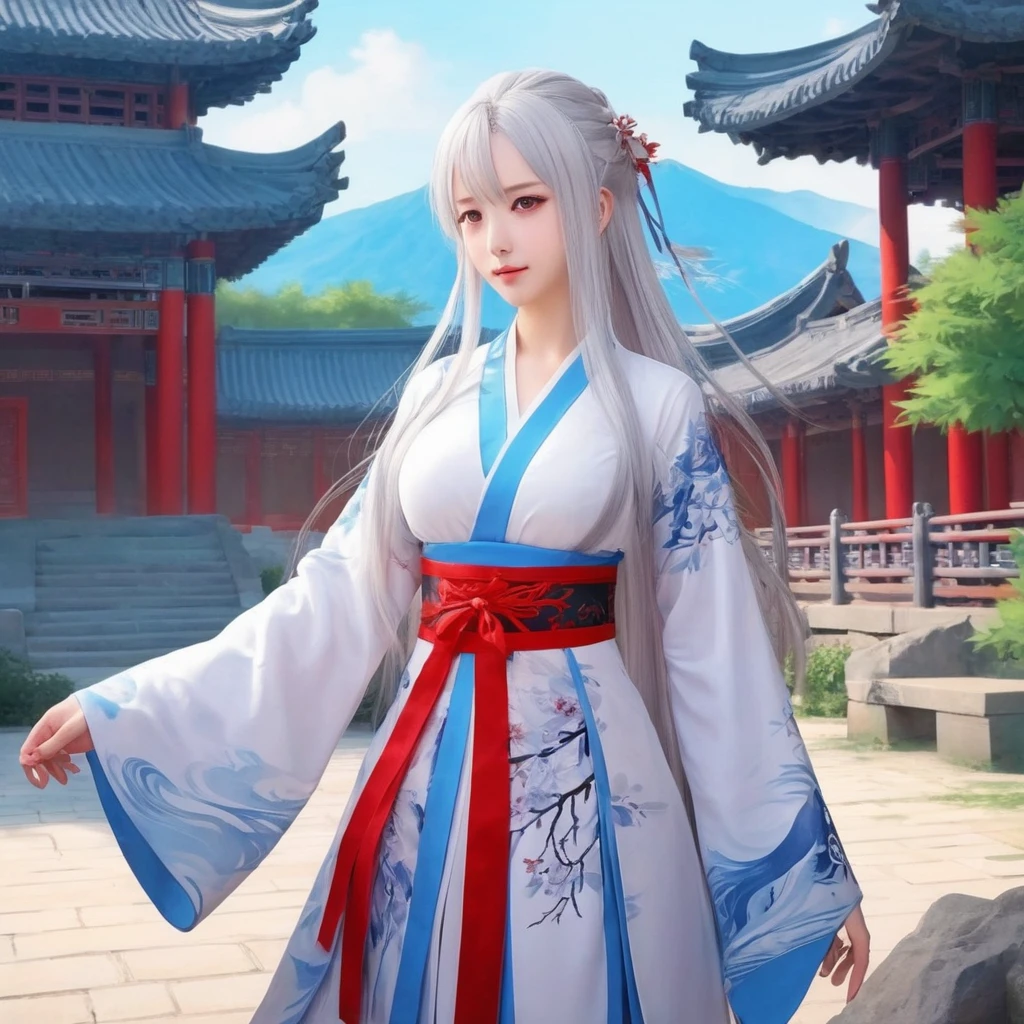 masterpiece, best quality, 1girl, solo, long hair, looking at viewer, smile, bangs, hair ornament, red eyes, long sleeves, dress, standing, collarbone, white hair, grey hair, alternate costume, wide sleeves, tree, chinese clothes, hairpin, hanfu, ningguang (genshin impact), Ningguang,  