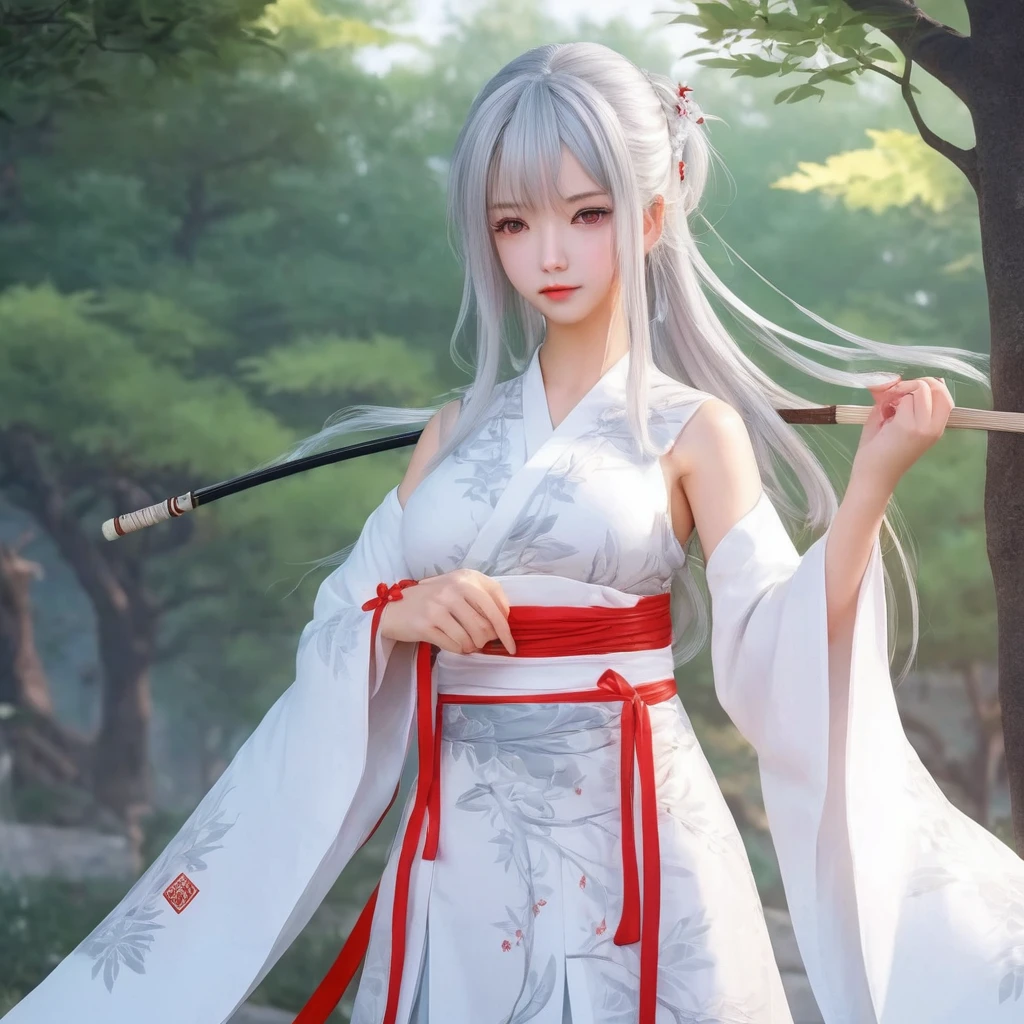 masterpiece, best quality, 1girl, solo, long hair, looking at viewer, smile, bangs, hair ornament, red eyes, long sleeves, dress, standing, collarbone, white hair, grey hair, alternate costume, wide sleeves, tree, chinese clothes, hairpin, hanfu, ningguang (genshin impact), Ningguang,  