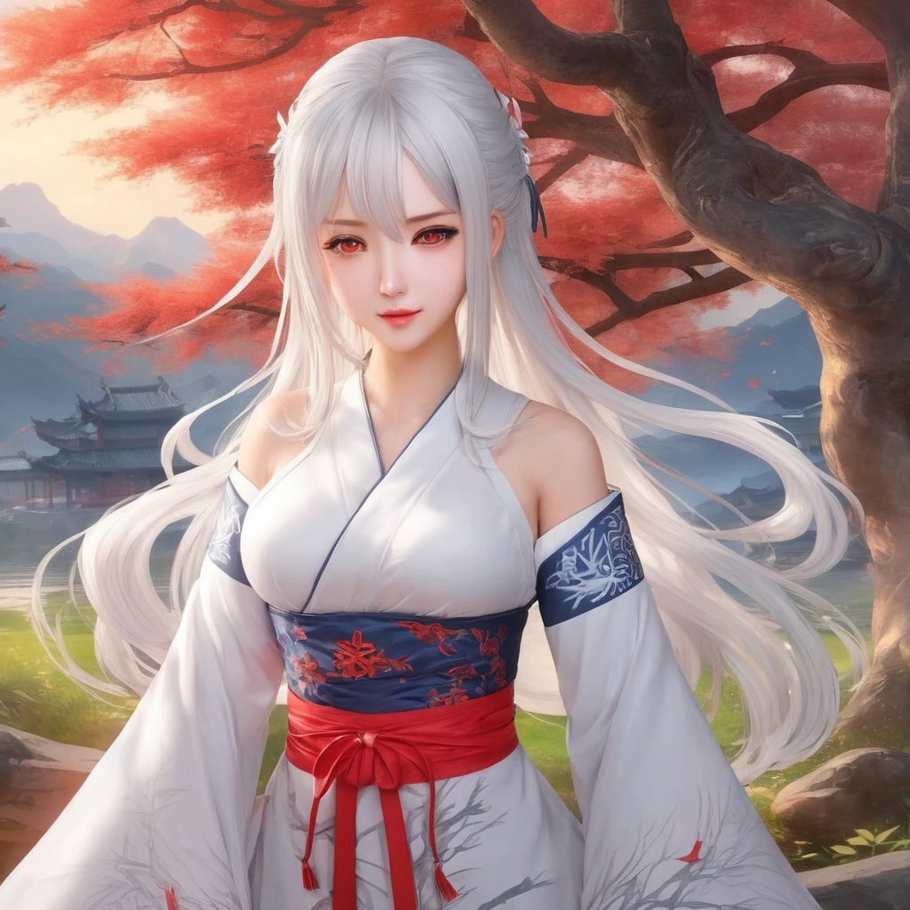 masterpiece, best quality, 1girl, solo, long hair, looking at viewer, smile, bangs, hair ornament, red eyes, long sleeves, dress, standing, collarbone, white hair, grey hair, alternate costume, wide sleeves, tree, chinese clothes, hairpin, hanfu, ningguang (genshin impact), Ningguang,  