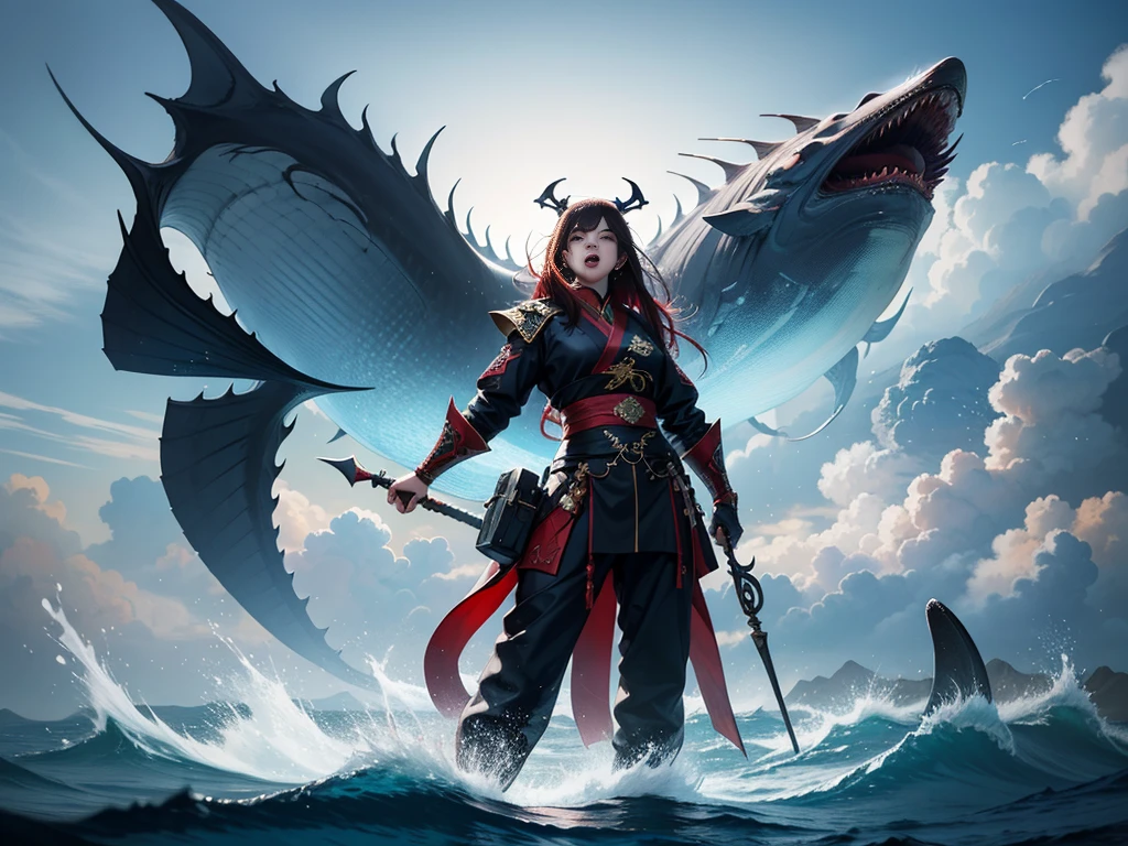 kun,masterpiece, Ultra-high resolution, artwork, 3d, CG, Unreal Engine 5, Chinese Mythology, Huge body contrast，Red carp dominate the sky, sideways, gigantic fear, Long fins, open mouth, Sharp Teeth, Huge whales，Floating in the air，lightning, Fine details, Sparkling sunrise effect, Light and shadow effects, Scenery in the sky, Landscape around clouds, A bright and epic contrasting clock, Inspired by realistic details in anime and character designs, Movie Background, Light outlook, 32kextreme&#39;s low-angle perspective creates realistic and detailed gold details in comics.