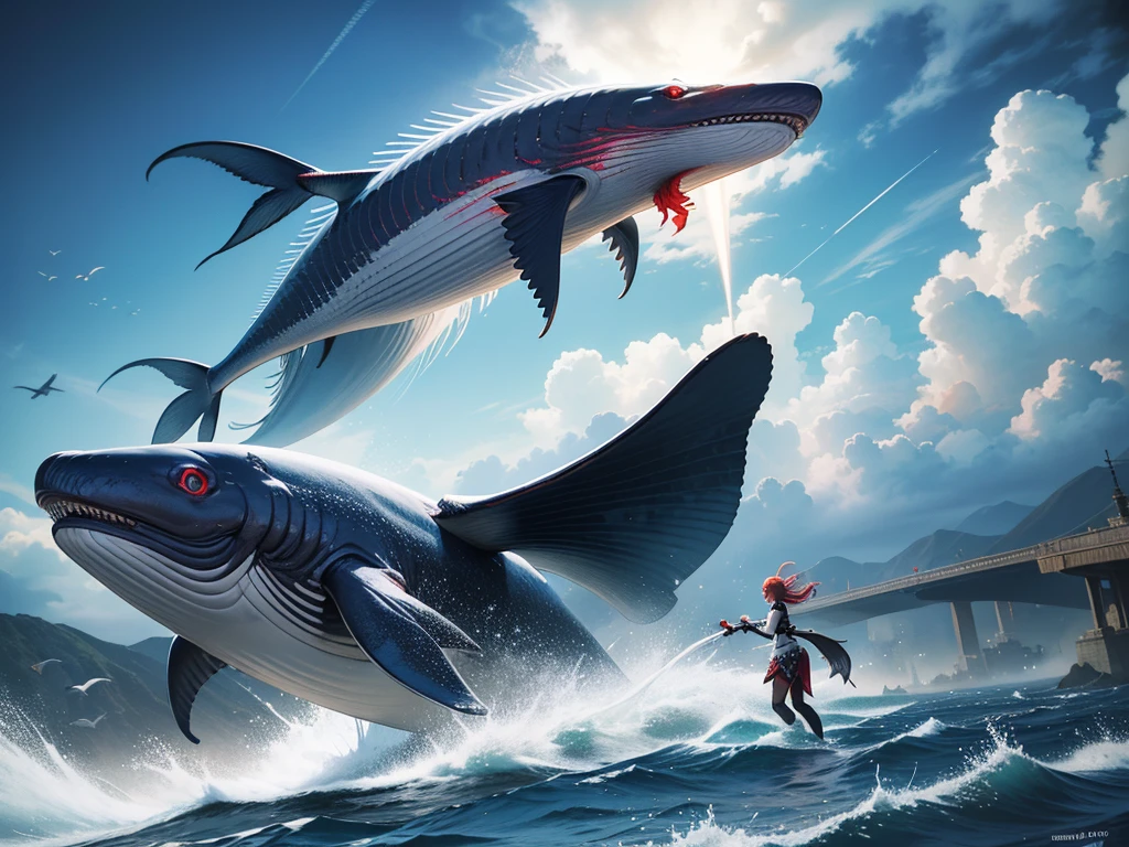 kun,masterpiece, Ultra-high resolution, artwork, 3d, CG, Unreal Engine 5, Chinese Mythology, Huge body contrast，Red carp dominate the sky, sideways, gigantic fear, Long fins, open mouth, Sharp Teeth, Huge whales，Floating in the air，lightning, Fine details, Sparkling sunrise effect, Light and shadow effects, Scenery in the sky, Landscape around clouds, A bright and epic contrasting clock, Inspired by realistic details in anime and character designs, Movie Background, Light outlook, 32kextreme&#39;s low-angle perspective creates realistic and detailed gold details in comics.