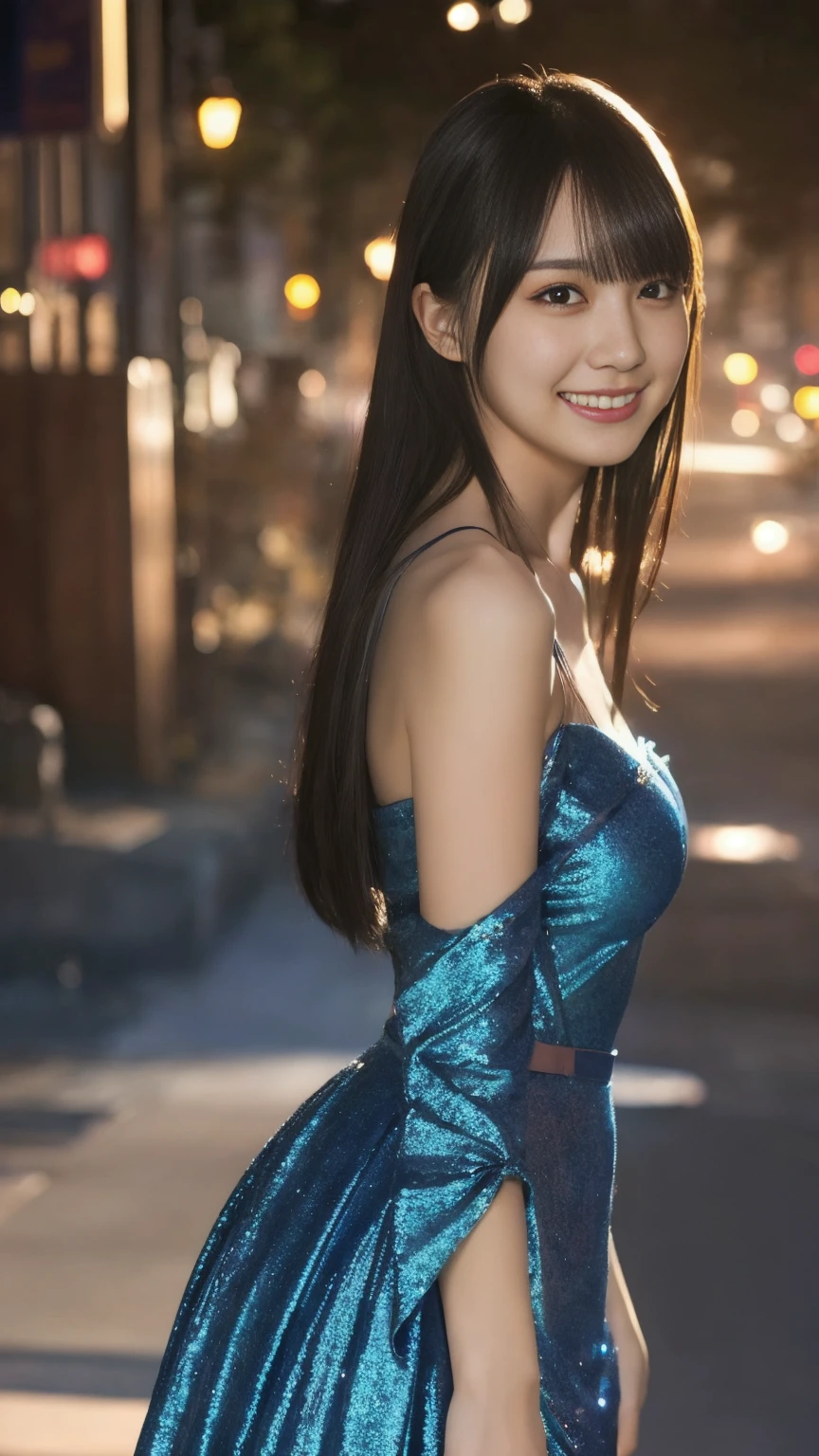 1girl,(wearing a blue glittery evening dress:1.2),(RAW photo, best quality), (realistic, photo-realistic:1.4), masterpiece, an extremely delicate and beautiful, extremely detailed, 2k wallpaper, Amazing, finely detail, extremely detailed CG unity 8k wallpaper, ultra-detailed, highres, soft light, beautiful detailed girl, extremely detailed eyes and face, beautiful detailed nose, beautiful detailed eyes,cinematic lighting,city lights at night,perfect anatomy,slender body,light smile,close up,(long hair with bangs), natural breast, NSFW, open shoulder.