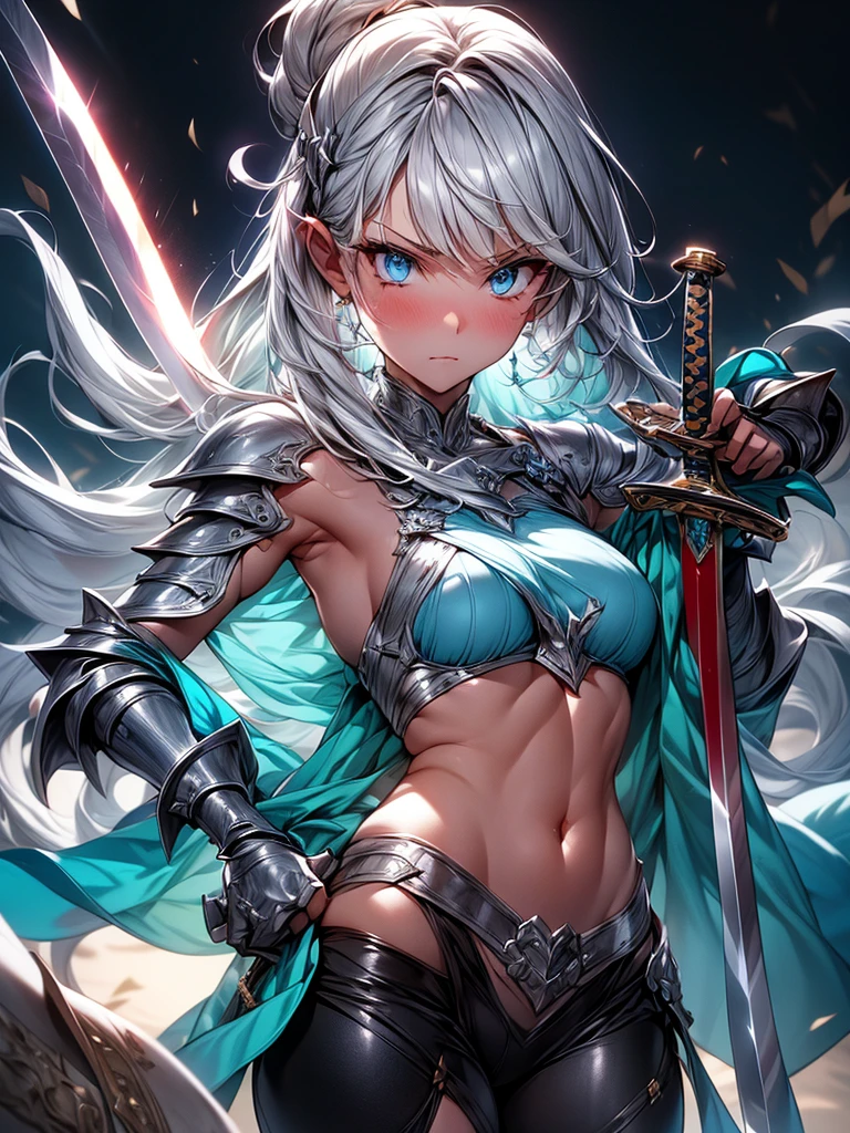 Abdominal musclesurdres ,1 girl,Serious,Silver Hair,blue eyes,Bikini Armor,(Holding a sword :1.3),Abdominal muscles,silver gloves ,Leather Waistband,rest,(look up :1.3),Dynamic poses,Dynamic Angle,Dynamic Lighting,wilderness,fantasy,rest,best quality,Extremely detailed,Surrealism, Perfect anatomical structure,Perfect 5 fingers,Astonishing,Super beautiful illustrations