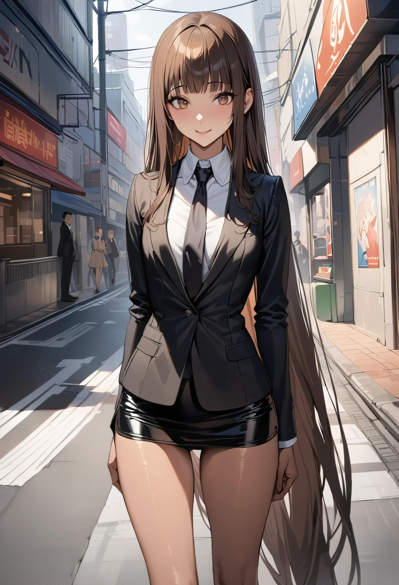 ((masterpiece,best quality anime,Highest quality:1.3)),realistic,(cowboy shot),25 year old beauty,独奏,1woman,((very small head:1.3)),((very long body:1.2)),ideal ratio body proportions,tan skin,brown hair,bangs,straight long hair,gorgeous eyes,brown eyes,smile,(Black formal jacket、Black tie、Black tight mini skirt),White collared shirt、((slender body,skinny,toned body)),small breasts,gleaming skin,、on street,Shibuya Station、、