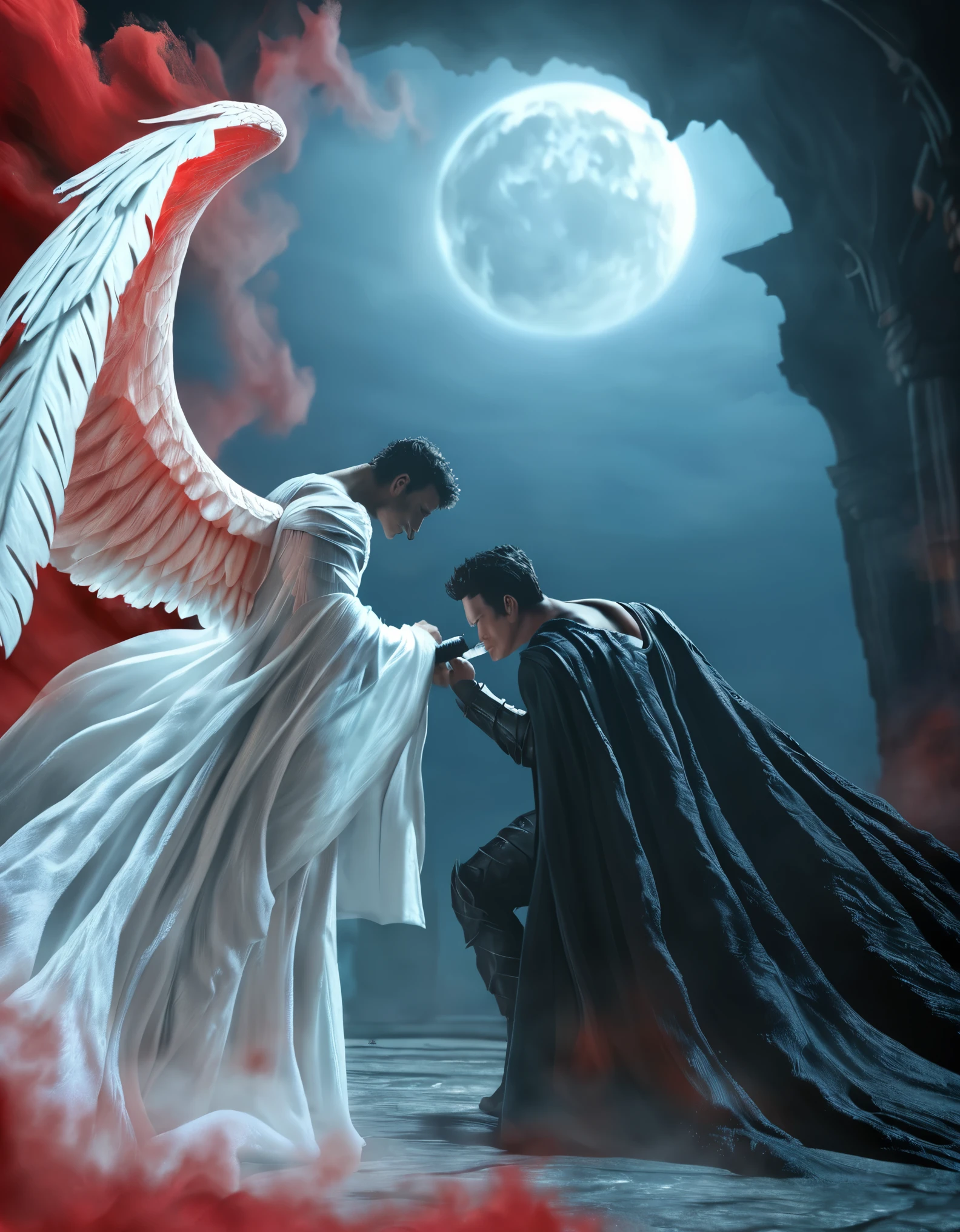 Fantasy-style illustration featuring a dramatic and intense scene. The layout is vertical, with a large, ethereal figure on the right side, draped in flowing white robes and possessing large, detailed wings. The figure has a serene, almost sorrowful expression, with pale skin and long, flowing hair. On the left side, Guts, the Black Swordsman, its massive blade glowing with a faint blue light. His face is partially obscured by his helmet, revealing a determined expression. The background is filled with swirling red mist and indistinct forms, adding to the chaotic and otherworldly atmosphere. The overall color palette is dominated by shades of red and white, creating a stark contrast between the two figures. At the bottom center, a circular logo bears the text 'Artvision1999' in a gothic font, subtly blending into the ominous environment.anatomically correct, super detail, high quality, 4K