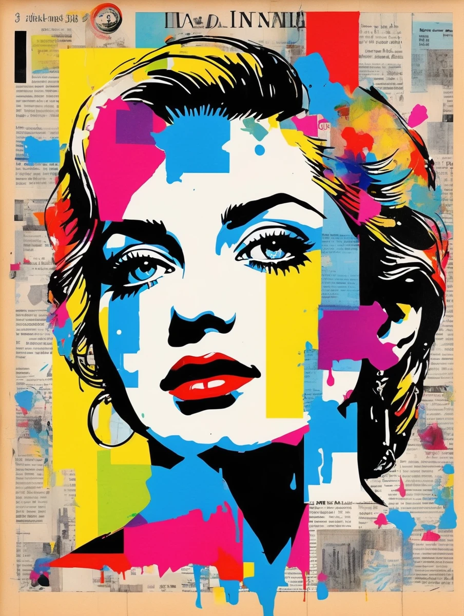 (ink on newspaper in the style of Loui Jover:1.5), Madonna, Envision an art movement where portraits capture the subject's inner thoughts and emotions as vibrant, shifting patterns of color and light RGB scale colors collage art
