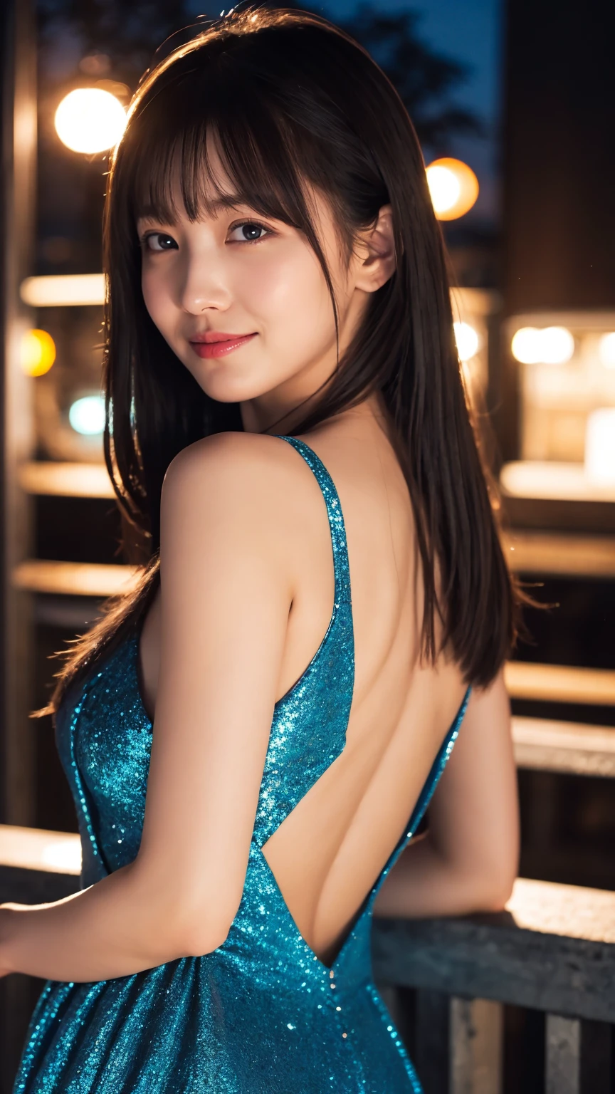 1girl,(wearing a blue glittery evening dress:1.2),(RAW photo, best quality), (realistic, photo-realistic:1.4), masterpiece, an extremely delicate and beautiful, extremely detailed, 2k wallpaper, Amazing, finely detail, extremely detailed CG unity 8k wallpaper, ultra-detailed, highres, soft light, beautiful detailed girl, extremely detailed eyes and face, beautiful detailed nose, beautiful detailed eyes,cinematic lighting,city lights at night,perfect anatomy,slender body,light smile,close up,(long hair with bangs), open shoulder