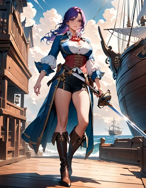 a portrait of a woman pirate holding a ((sword: 1.5)) on a pirate ship ready for battle, ((full body: 1.5)), ((anatomically corr...