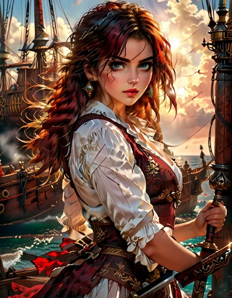 a portrait of a woman pirate holding a ((sword: 1.5)) on a pirate ship ready for battle, ((full body: 1.5)), ((anatomically corr...