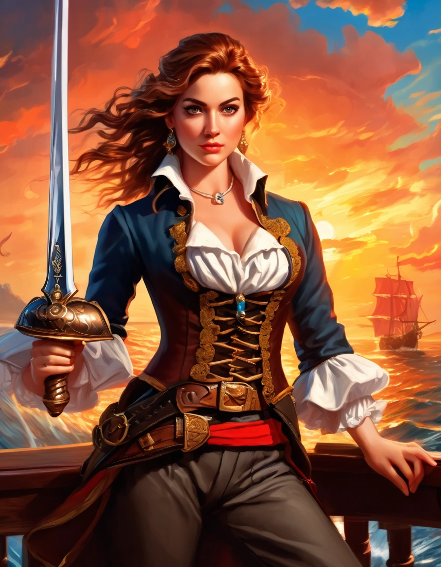 a portrait of a woman pirate holding a ((sword: 1.5)) on a pirate ship ready for battle, ((full body: 1.5)), ((anatomically correct: 1.5)), (ultra detailed face: 1.2), looking tense, looking dangerous,  dynamic eye color. dynamic hair color, dynamic hair style dynamic skin complexion, wearing 18th century white button shirt, busty , wearing  wearing high heeled boots, sunny day, sun rays, some clouds,18th century pirate ship background,  vibrant, Ultra-high resolution, High Contrast, (masterpiece:1.5), highest quality, Best aesthetics), best details, best quality, highres, 16k, (ultra detailed: 1.5), masterpiece, best quality, (extremely detailed) RAW, (ultra details, Masterpiece, best quality), Hyperrealism style, holding sword, Intense gaze, holding sword rapier