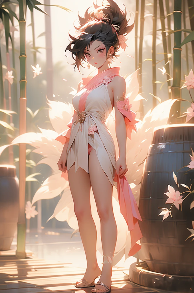 1 woman, full body, nezuko kamado oni mode, with bamboo in her mouth, demon hunter, Kimetsu no yaiba, beautiful, long hair, pink eyes, perfect, ultra hd, naked, showing her breasts, showing her pussy, nails like claws, perfect feet, demon hunter scenario, under a sakura tree, sakura leaves falling from the sky, angry face, beautiful feet, beautiful pussy, beautiful tits, legs open (showing the pussy in great detail)