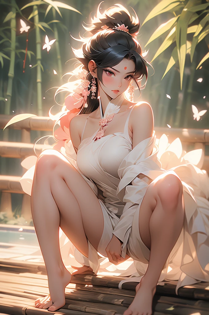 1 woman, full body, nezuko kamado oni mode, with bamboo in her mouth, demon hunter, Kimetsu no yaiba, beautiful, long hair, pink eyes, perfect, ultra hd, naked, showing her breasts, showing her pussy, nails like claws, perfect feet, demon hunter scenario, under a sakura tree, sakura leaves falling from the sky, angry face, beautiful feet, beautiful pussy, beautiful tits, legs open (showing the pussy in great detail)