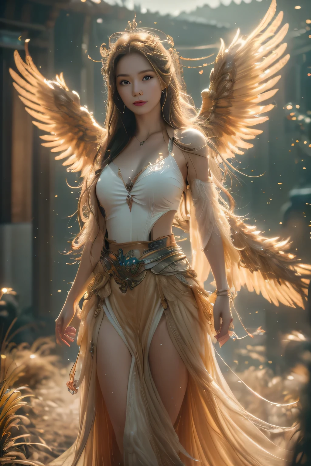 masterpiece, best quality, (Extremely detailed CG unity 8k wallpaper), (best quality), (Best Illustration), (The best shadow), absurd, Realistic lighting, (abyss), Beautiful and delicate light, Peter Moore (Peter Mohr Bacher) Artworks,Oversized wings。Angel Girl，Flying to the clouds，White Cloud，White Cloud，Blue sky。White long skirt，Golden Wings，Send with aperture。