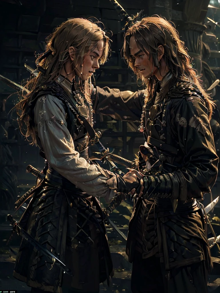 (masterpiece, Highest quality, 8k, light brown hair, eyepatch, from side, cinematic lighting, textured skin, best quality), Pirates 2, Facing each other, ((顔がFacing each other)), Our gazes intertwine, Face is close, 1boy1girl, ((Spit on, They both have swords in their hands:1.5, The two are clashing swords:1.5)), (On board, In the storm, Heavy Rain, My face is wet, Realistic Water Drops)