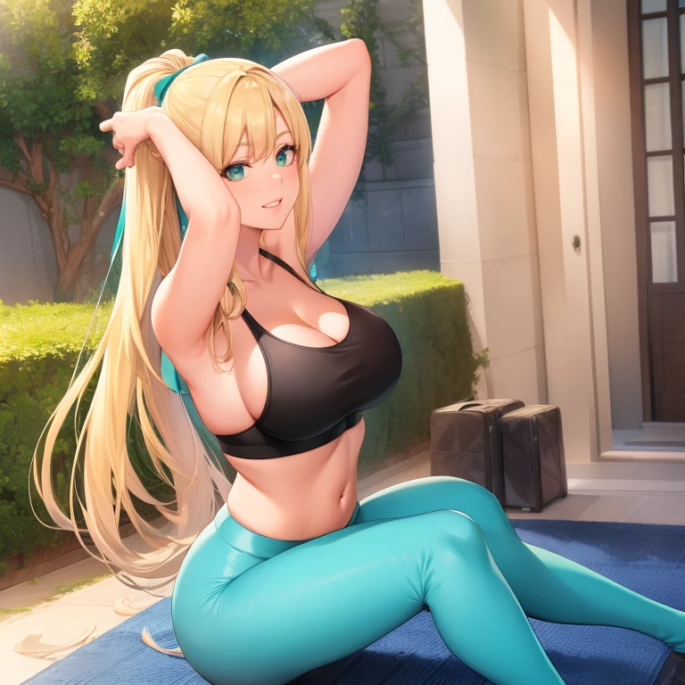 masterpiece, Best Quality, (((Mature woman solo ))), (((long blonde hair))), Horse tail, bunker, (((Wide hips))), (((aqua green eyes))), full lips, seductive smile, neckline, (kneeling on a rug in the backyard), outdoor,  Sunset, blush, (((wearing blue yoga pants with black sports bra))), [janet], [Alicia], "beautiful mature face" , Age 30 , milf , adult