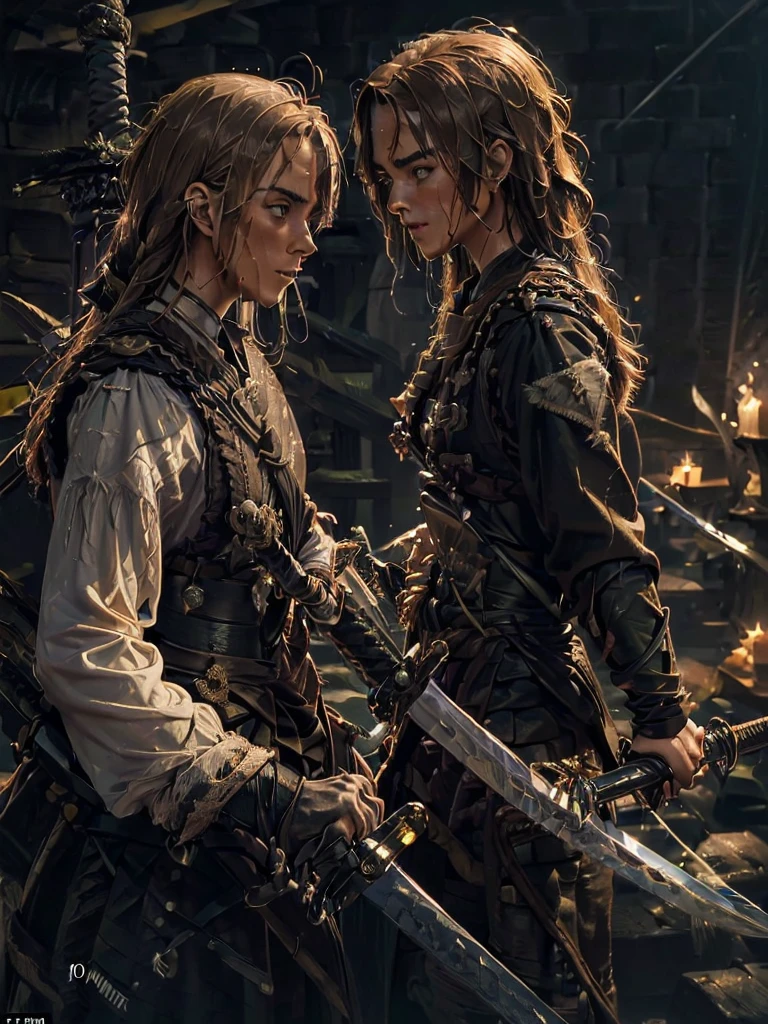 (masterpiece, Highest quality, 8k, light brown hair, eyepatch, from side, cinematic lighting, textured skin, best quality), Pirates 2, Facing each other, ((顔がFacing each other)), Our gazes intertwine, Face is close, 1boy1girl, ((Spit on, They both have swords in their hands:1.5, The two are clashing swords:1.5)), (On board, In the storm, Heavy Rain, My face is wet, Realistic Water Drops)