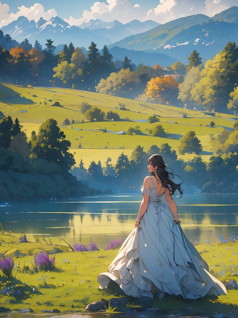 a beautiful landscape, lush green meadow, rolling hills, vibrant wildflowers, serene lake, majestic mountains in the background, golden hour lighting, soft cloudy sky, detailed foliage, photorealistic, cinematic composition, warm color palette, natural lighting, (best quality,8k,highres,masterpiece:1.2),ultra-detailed,realistic,vivid colors,professional