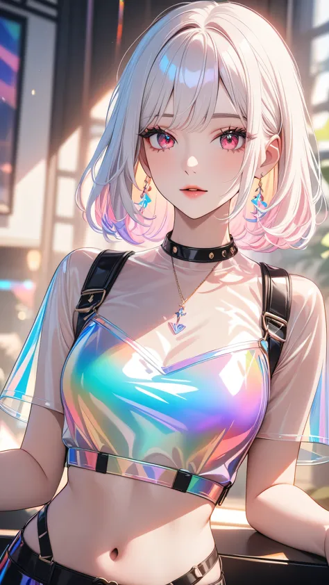 masterpiece, best quality:1.3, 1girl, white hair, red eyes, white shirt, harness, transparent colorful vinyl clothing, detailed ...