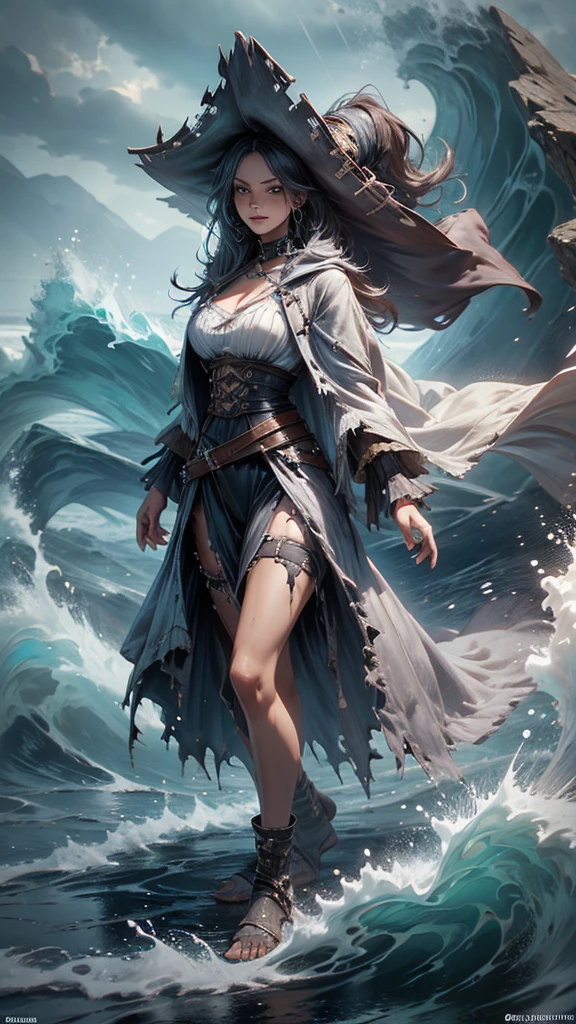 Female, pirate:1.2, skeleton in robes:1.2, with torn clothes, dark tone, scary scene, big wave, thunder, raining, high quality, high detailed, masterpiece, 8k, cinematic lighting, superrealistic, long exposure, full body shot, lightening, dressart:1.3