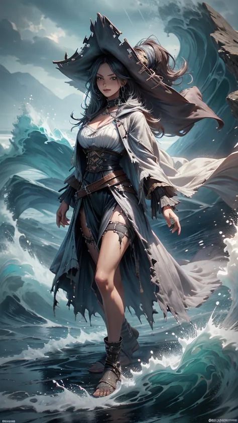 female, pirate:1.2, skeleton in robes:1.2, with torn clothes, dark tone, scary scene, big wave, thunder, raining, high quality, ...