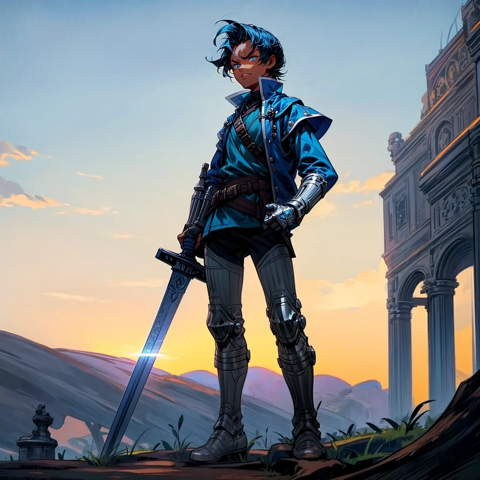 Solo character, full body version, young boy, blue eyes, blue color hair, short haircut, (dark skin), soldier roman clothing, boots, outdoor, town, ancient roman, twilight sky, detailed background, angry eyes, sword in hand, standing guard gesture