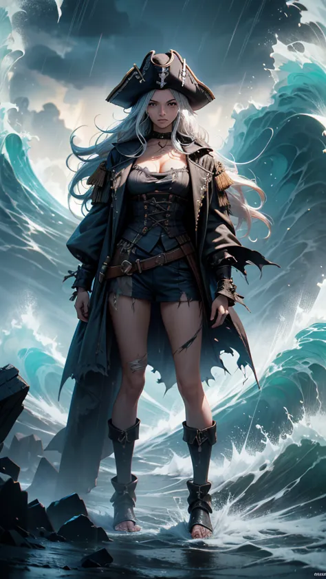 female, pirate:1.2, skeleton in robes:1.2, with torn clothes, dark tone, scary scene, big wave, thunder, raining, high quality, ...