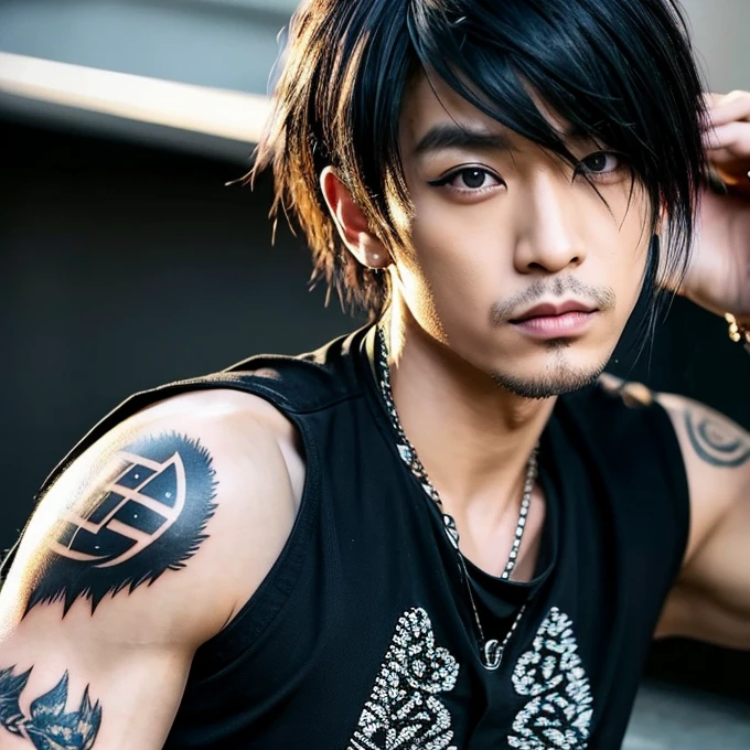 1 homem, macho, Homem japonês, Penteado Visual Kai, rosto e corpo ultra detalhados, hiperrealista, representação realista, muscular, Ombros largos, tatuagens estilo gótico, piercings, Estilo Visual Kei, penteado Visual Kei, loiro, cabelo longo, 40 anos, 40 anos, roupa gótica streampunk, camisa masculina e calça preta, Olhos asiáticos, olhos asiáticos, Penteado Visual Kei 