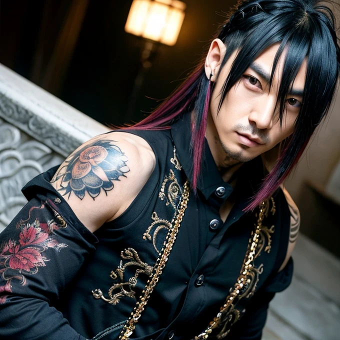 1 homem, macho, Homem japonês, Penteado Visual Kai, rosto e corpo ultra detalhados, hiperrealista, representação realista, muscular, Ombros largos, tatuagens estilo gótico, piercings, Estilo Visual Kei, penteado Visual Kei, loiro, cabelo longo, 40 anos, 40 anos, roupa gótica streampunk, camisa masculina e calça preta, Olhos asiáticos, olhos asiáticos, Penteado Visual Kei 