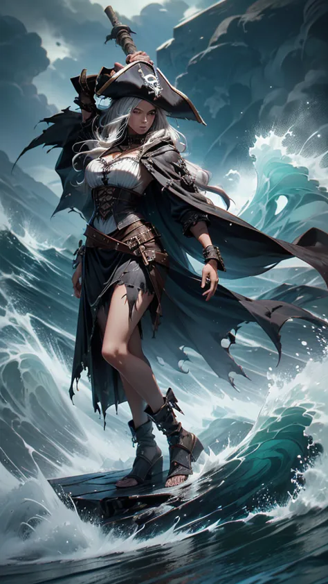 female, pirate:1.2, skeleton in robes:1.2, with torn clothes, dark tone, scary scene, big wave, thunder, raining, high quality, ...