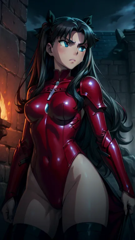 ((tohsaka_rin_fatestaynightufotable, anime_style)), grand mage armour, skimpy leotard armour, jewels and magic, action pose, pos...