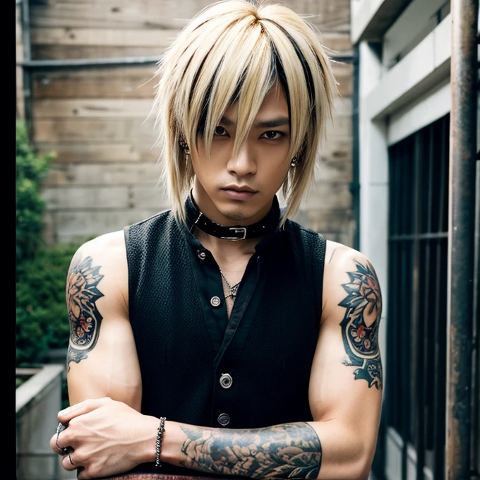 1 homem, macho, Homem japonês, Penteado Visual Kai, rosto e corpo ultra detalhados, hiperrealista, representação realista, muscular, Ombros largos, tatuagens estilo gótico, piercings, Estilo Visual Kei, penteado Visual Kei, loiro, cabelo longo, 40 anos, 40 anos, roupa gótica streampunk, camisa masculina e calça preta, Olhos asiáticos, olhos asiáticos, Penteado Visual Kei 