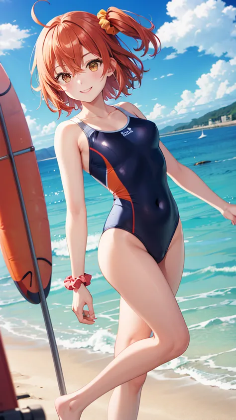 masterpiece, best quality, highres, aaritsuka, short hair, ahoge, hair scrunchie, orange scrunchie, one-piece swimsuit, smile, b...