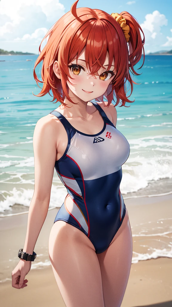 masterpiece, best quality, highres, aaritsuka, short hair, ahoge, hair scrunchie, orange scrunchie, one-piece swimsuit, smile, beach, medium breasts