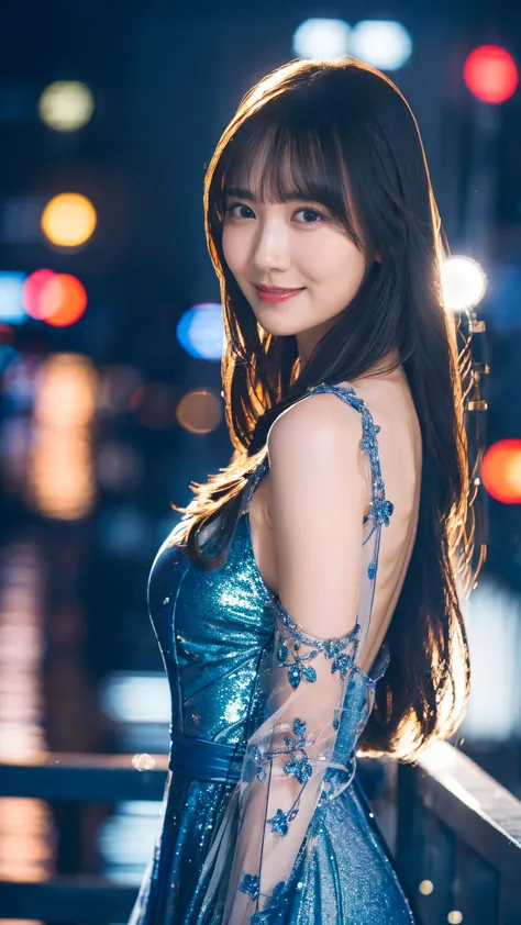 1girl,(wearing a blue glittery evening dress:1.2),(raw photo, best quality), (realistic, photo-realistic:1.4), masterpiece, an e...