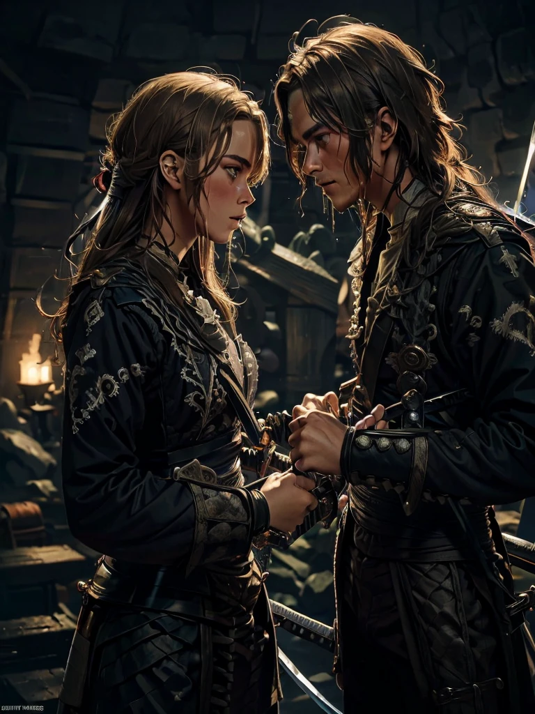 (masterpiece, Highest quality, 8k, light brown hair, eyepatch, from side, cinematic lighting, textured skin, best quality), Pirates 2, Facing each other, ((顔がFacing each other)), Our gazes intertwine, Face is close, 1boy1girl, ((Spit on, They both have swords in their hands:1.5, The two are clashing swords:1.5)), (On board, In the storm, Heavy Rain, My face is wet, Realistic Water Drops), blockbuster movie poster