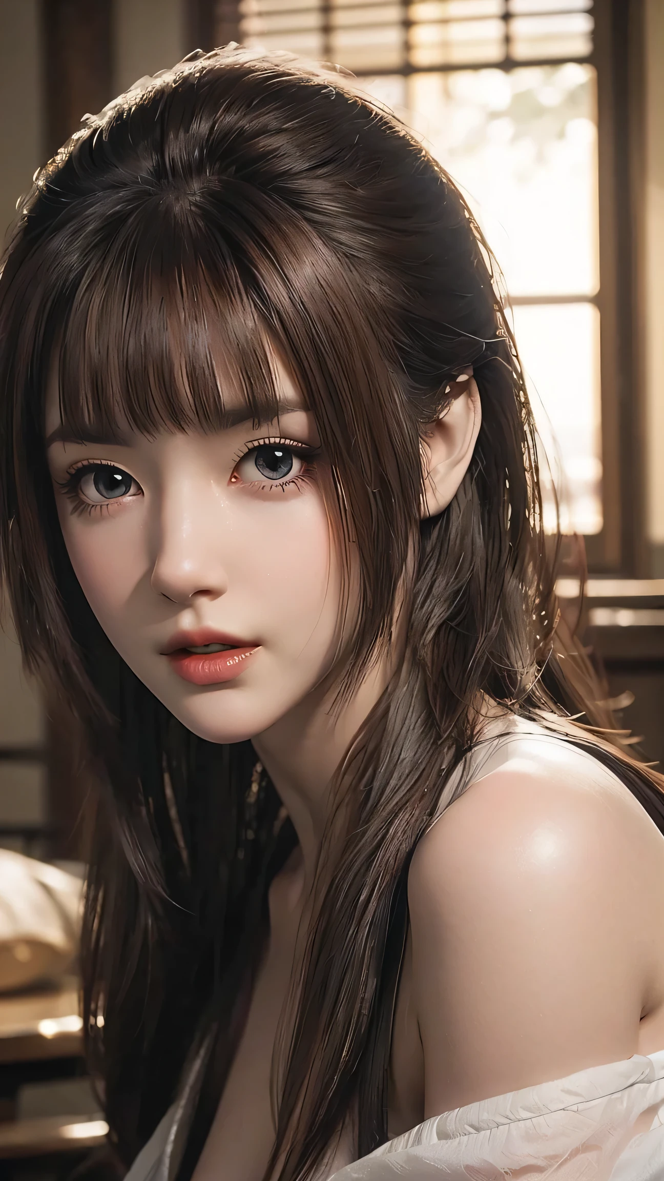 8k, masterpiece, RAW photo, best quality, photorealistic, extremely detailed CG unity 8k wallpaper, Depth of field, Cinematic Light, Lens Flare, Ray tracing, (extremely beautiful face, beautiful lips, beautiful eyes), intricate detail face, ((ultra detailed skin)), best quality, Masterpieces, Super high resolution, (photograph realistic:1.5), Original image, luxury long dress, 1girl, offshoulder, In the dark, deepshadow, low tune, Cold light, Sexy look, long whitr hair,Cafe,pretty,lim light,swirling hair, medium shot, big breast.