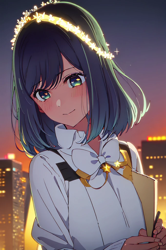 score_9, score_8_up, score_7_up, score_6_up, score_5_up, score_4_up, rating_questionable, , source_anime, digital illustration, pixiv, fanbox, uncensored,bangs, short_hair, blue_hair, green_eyes, closed_mouth, black_hair, medium_hair, angel wings, Golden halo, white dress, upright, in outer space, Milky Way in the background, distant star,(masterpiece:1.2), best quality, high resolution, unity 8k wallpaper, (illustration:0.8), (beautiful detailed eyes:1.6), extremely detailed face, perfect lighting, extremely detailed CG, (perfect hands, perfect anatomy),dynamic pose,smile,cowboy shot