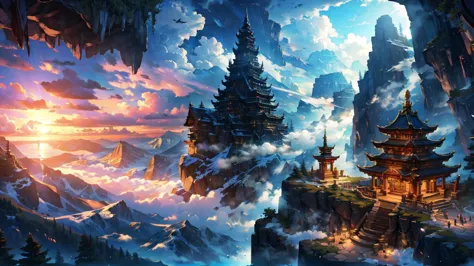 steep rocky mountains(leviathan:1.1),vision, mysterious clouds, cliff, fog, temple, wood, dream, fantasy,