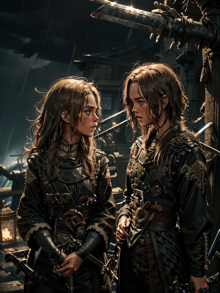 (masterpiece, Highest quality, 8k, light brown hair, eyepatch, from side, cinematic lighting, textured skin, best quality), Pirates 2, ((Spit on, They both have swords in their hands:1.5, The two are clashing swords:1.5)), Facing each other, ((顔がFacing each other)), Our gazes intertwine, Face is close, 1boy1girl, (On board, In the storm, Heavy Rain, My face is wet, Realistic Water Drops), blockbuster movie poster