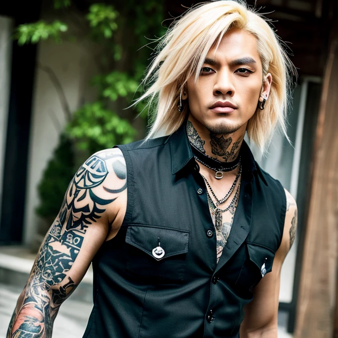 1 homem, macho, Homem japonês, Penteado Visual Kai, rosto e corpo ultra detalhados, hiperrealista, representação realista, muscular, Ombros largos, tatuagens estilo gótico, piercings, Estilo Visual Kei, penteado Visual Kei, loiro, cabelo longo, 40 anos, 40 anos, roupa gótica streampunk, camisa masculina e calça preta, Olhos asiáticos, olhos asiáticos, Penteado Visual Kei 