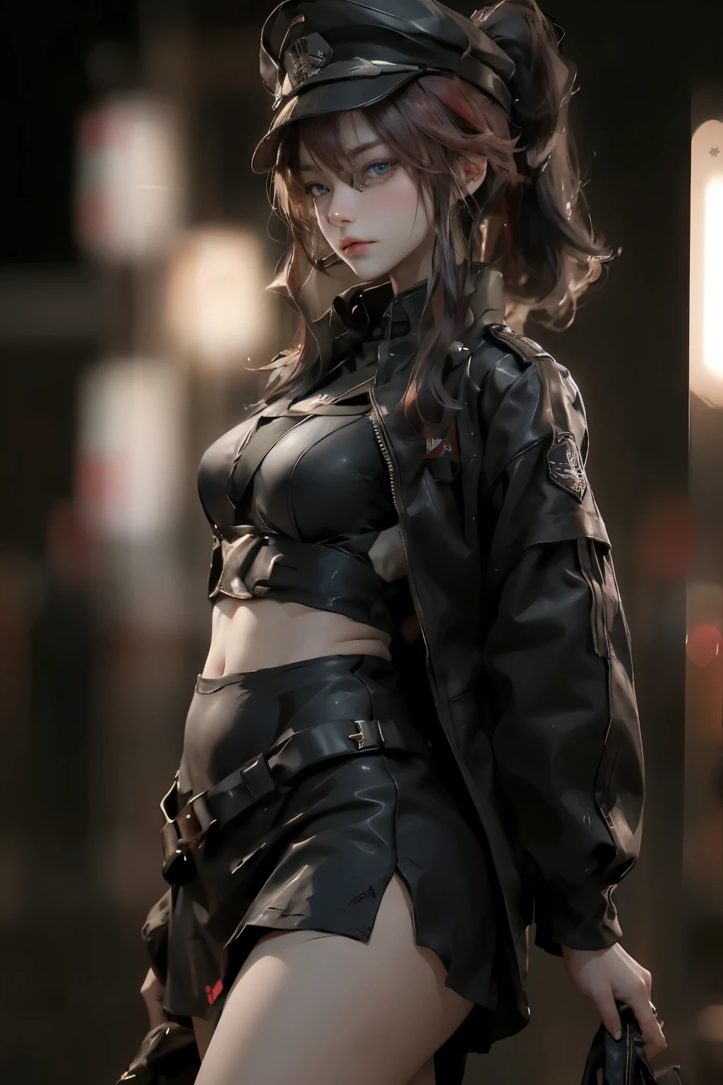 ((best quality)), ((Masterpiece)), (details:1.4), 3d, Image of a beautiful cyberpunk woman., HDR (high dynamic range), mature woman, เหมือนจริง, High ponytails, Red hair, Blue eyes, future police, PBR surface, After processing, Anisotropic filtration,depth of field, Maximum clarity and clarity, multi-layered surface, perfect proportions, 8K raw files, cyberpunk, at night, ผมหลายชั้น,  red short skirt, natural lighting, soft lighting, sunlight, หน้าอกใหญ่, a woman wearing a black gothic style military uniform, black military hat with gold details, iron cross symbol on the military hat, 