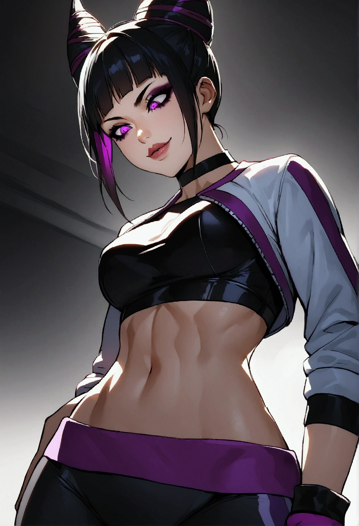 Juri Han,dark eyeshadow,glare eyes,beautiful young fitness woman with , in a gym wearing May with black pantyhose, white and purple fitted gym jacket. standing alone,hair horns,bright purple eyes,Evil smile,legging preto ,lips,dark eyeshadow,glare eyes,head looking down,upward eyes
